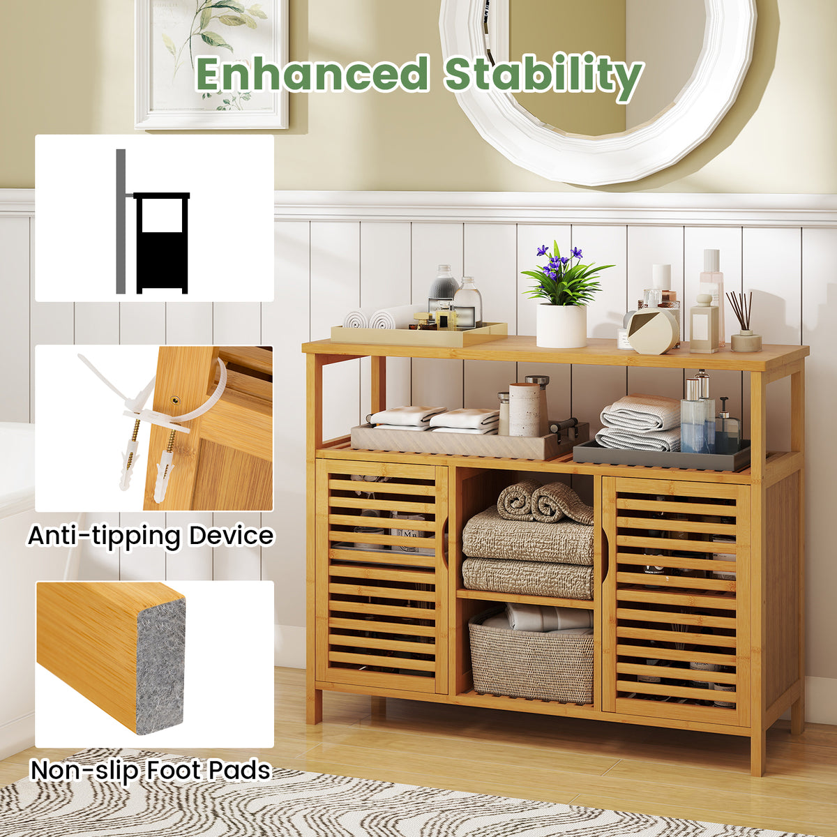 Bamboo Bathroom Cabinet - Natural 39.5" Storage Shelves & Doors-Floor Cabinets-DECOROLALA