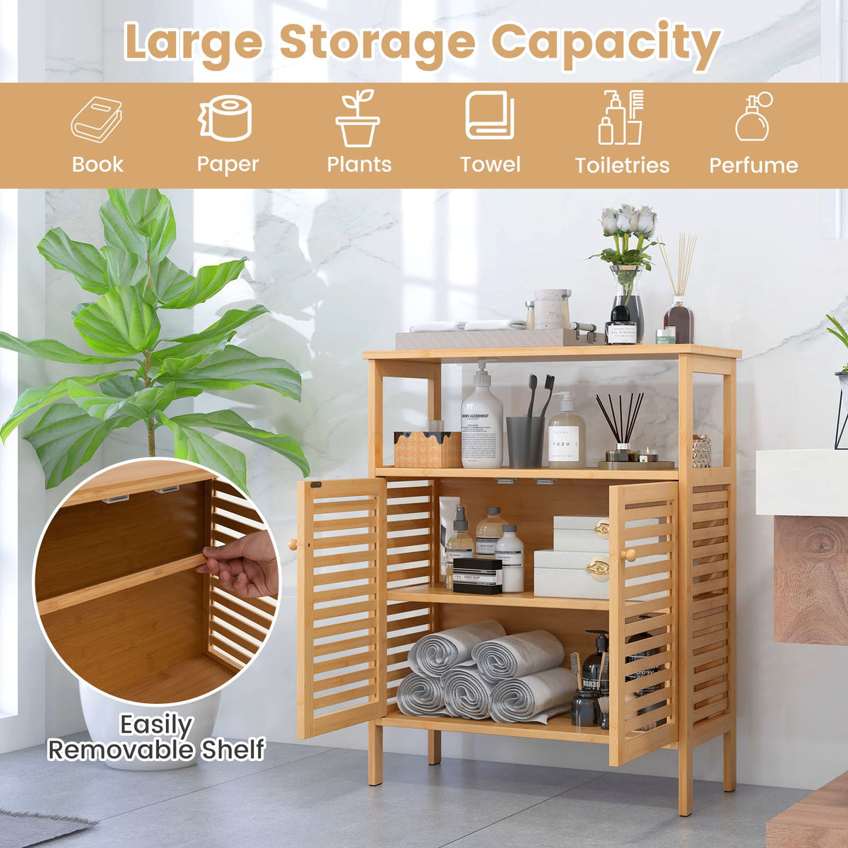 Bamboo Bathroom Floor Cabinet - Natural 25" Storage Cupboard-Floor Cabinets-DECOROLALA