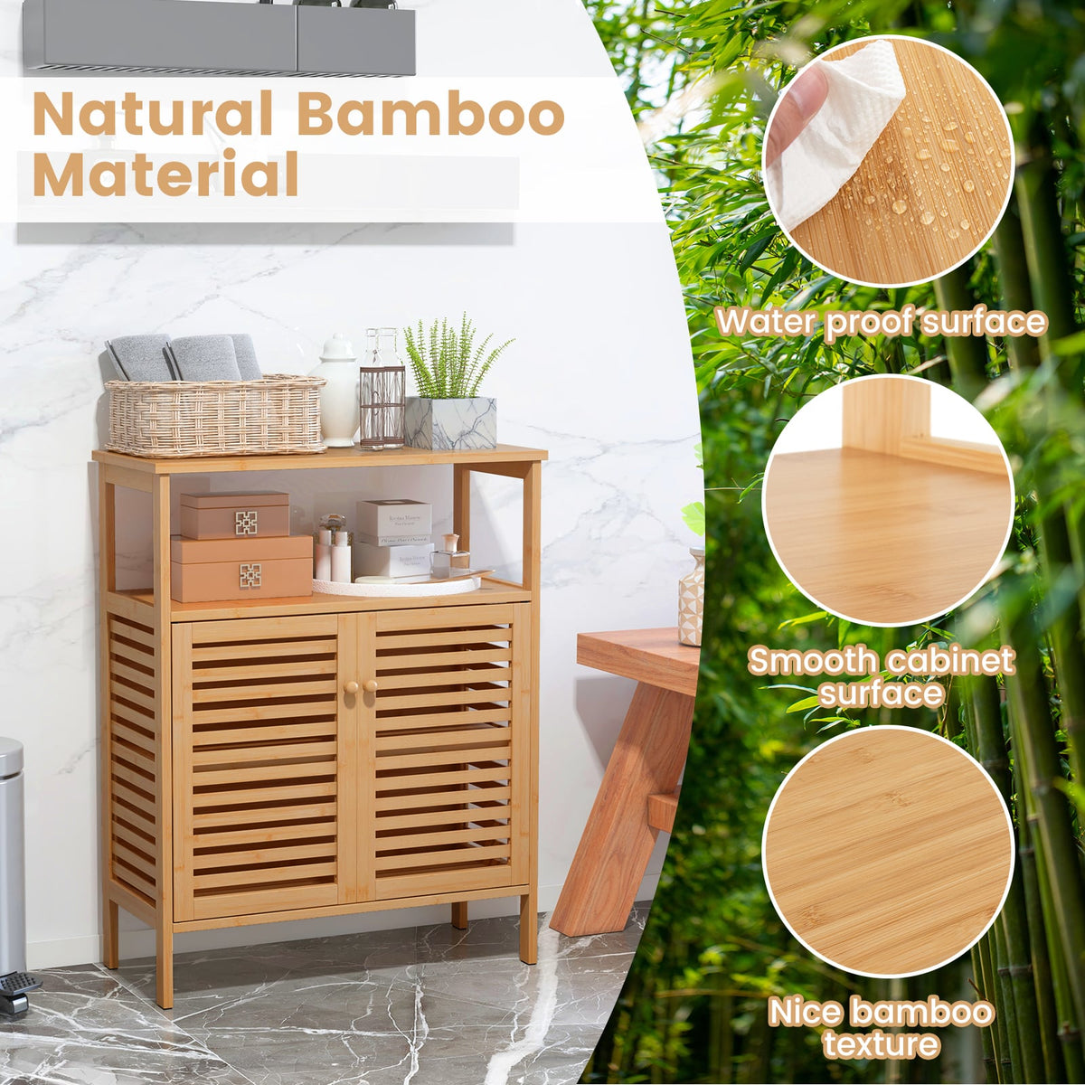 Bamboo Bathroom Floor Cabinet - Natural 25" Storage Cupboard-Floor Cabinets-DECOROLALA