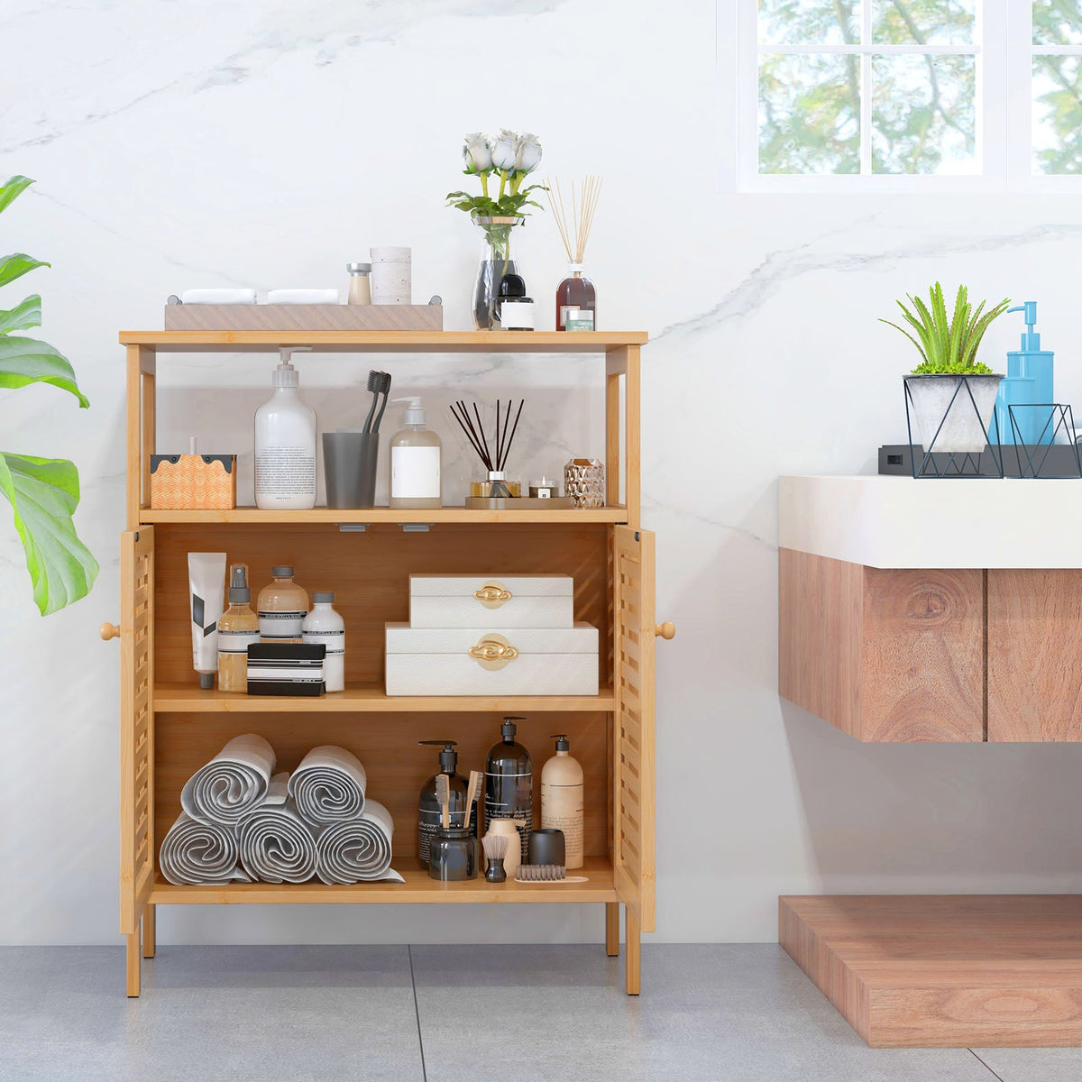 Bamboo Bathroom Floor Cabinet - Natural 25" Storage Cupboard-Floor Cabinets-DECOROLALA