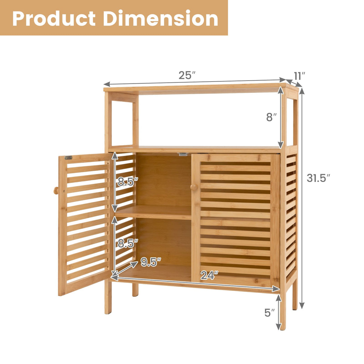Bamboo Bathroom Floor Cabinet - Natural 25" Storage Cupboard-Floor Cabinets-DECOROLALA