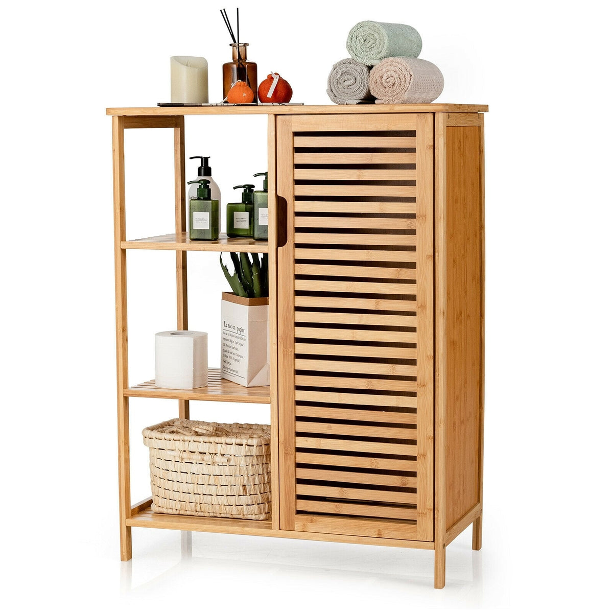 Bamboo Bathroom Storage Cabinet - 3 Shelves & Louvered Door Natural-Floor Cabinets-DECOROLALA