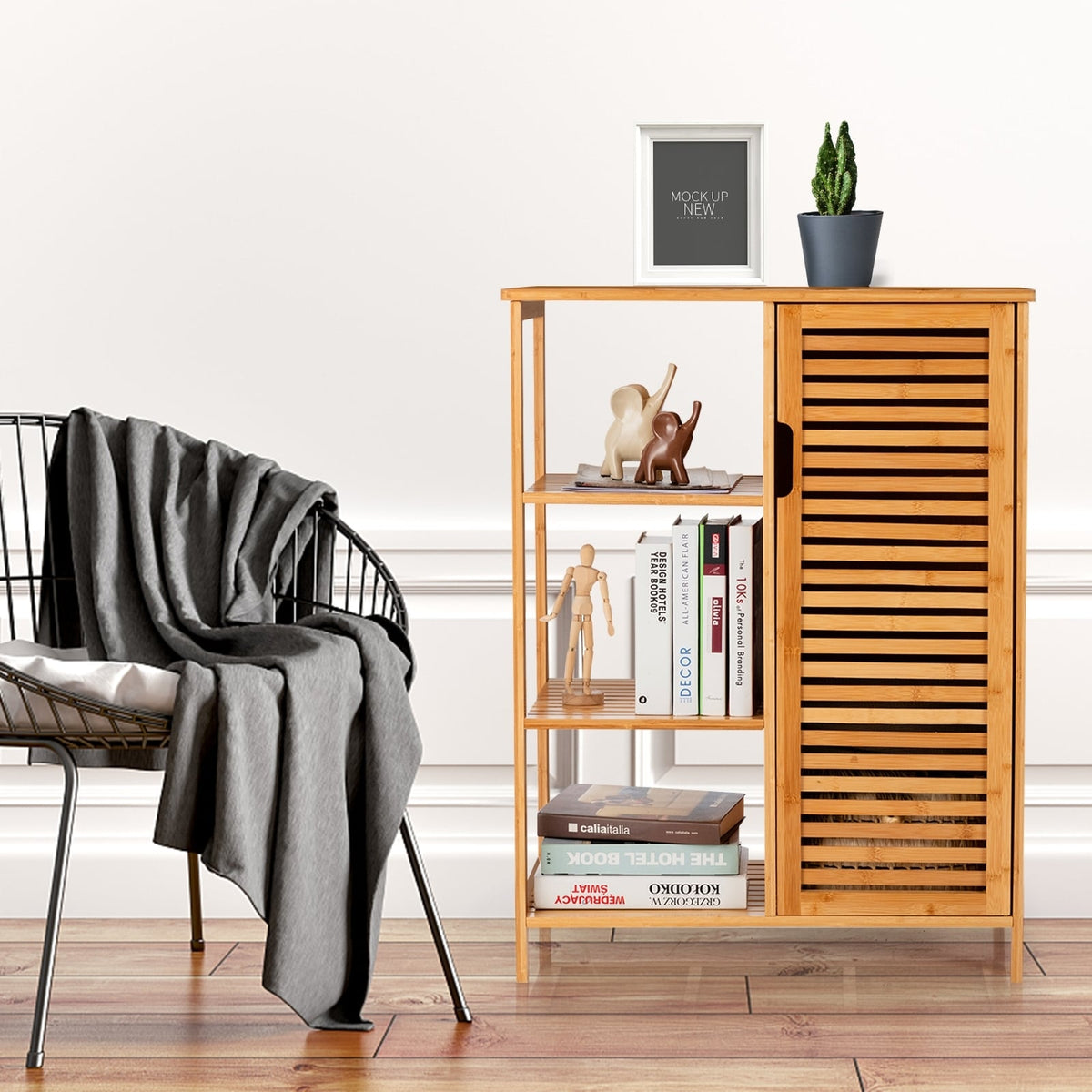 Bamboo Bathroom Storage Cabinet - 3 Shelves & Louvered Door Natural-Floor Cabinets-DECOROLALA