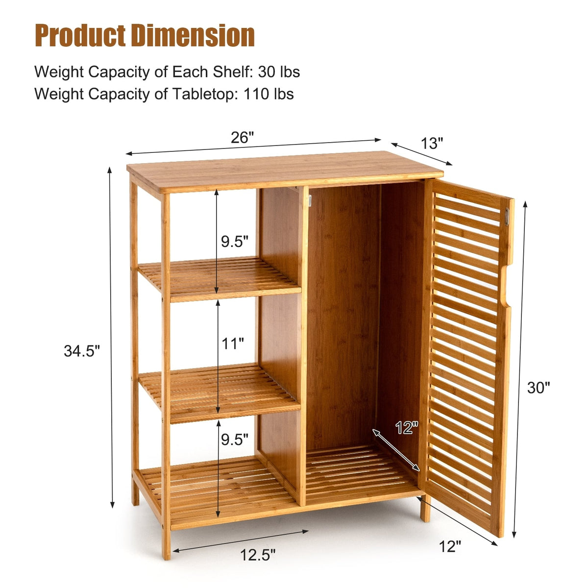 Bamboo Bathroom Storage Cabinet - 3 Shelves & Louvered Door Natural-Floor Cabinets-DECOROLALA
