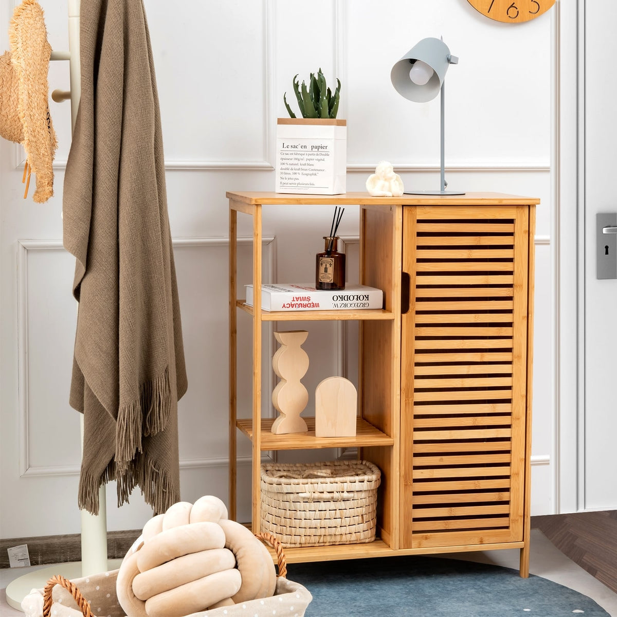 Bamboo Bathroom Storage Cabinet - 3 Shelves & Louvered Door Natural-Floor Cabinets-DECOROLALA