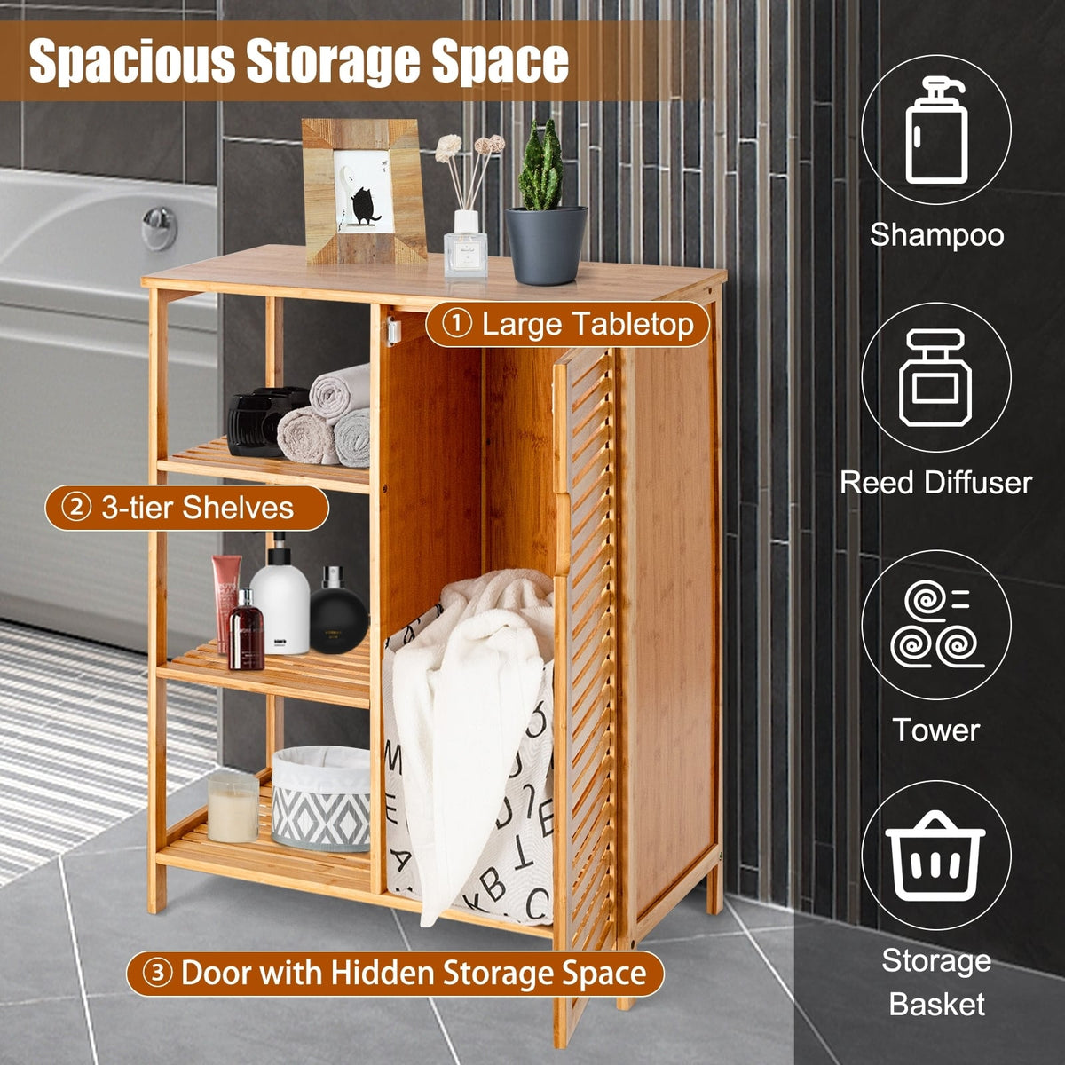 Bamboo Bathroom Storage Cabinet - 3 Shelves & Louvered Door Natural-Floor Cabinets-DECOROLALA