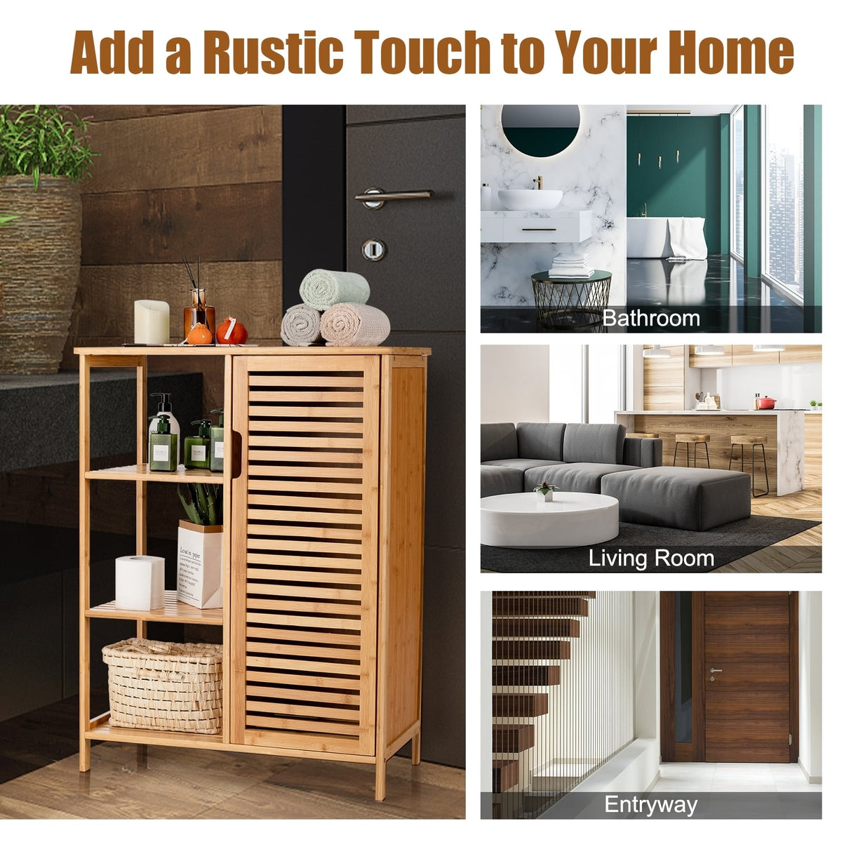 Bamboo Bathroom Storage Cabinet - 3 Shelves & Louvered Door Natural-Floor Cabinets-DECOROLALA