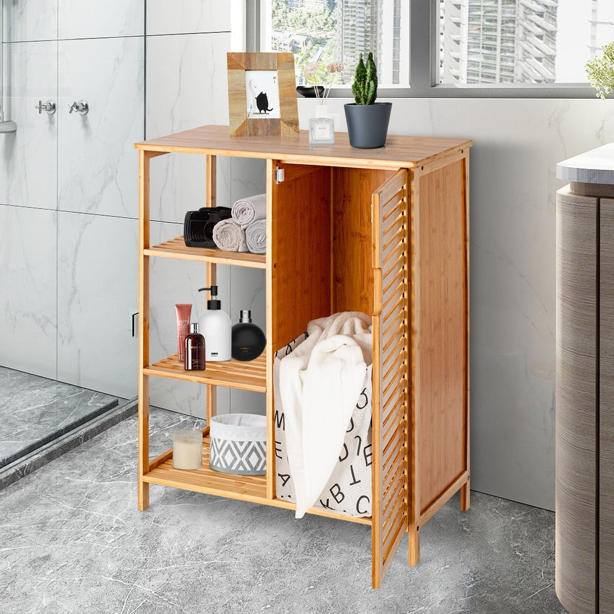 Bamboo Bathroom Storage Cabinet - 3 Shelves & Louvered Door Natural-Floor Cabinets-DECOROLALA