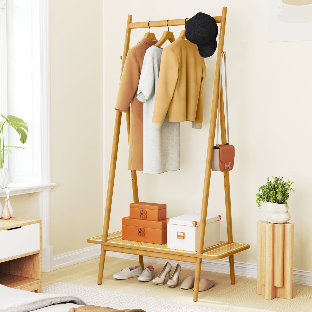 Bamboo Clothes Rack with Hanging Rod Rattan Shelf and Copper Hooks-Natural-Coat Racks & Hall Trees-DECOROLALA