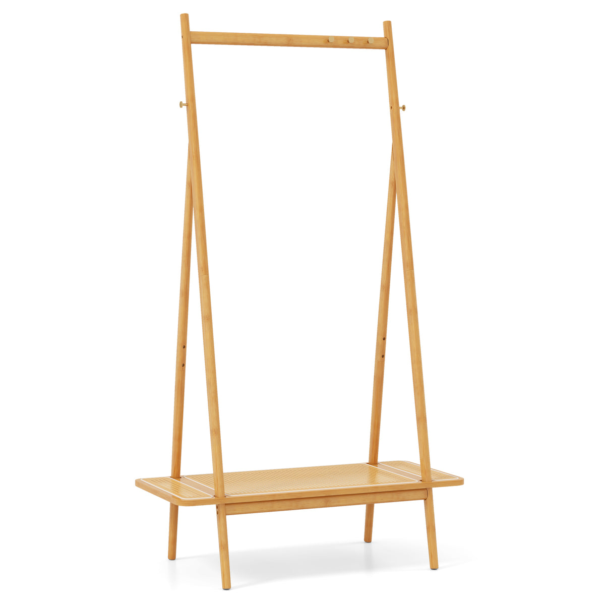 Bamboo Clothes Rack with Hanging Rod Rattan Shelf and Copper Hooks-Natural-Coat Racks & Hall Trees-DECOROLALA