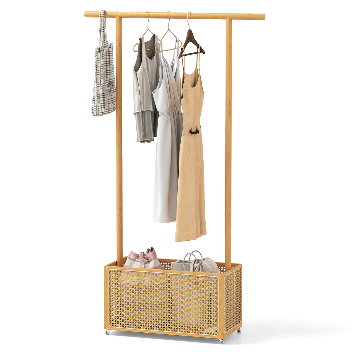 Bamboo Clothes Rack with Rattan Storage Basket and Wheels-Natural-Coat Racks & Hall Trees-DECOROLALA