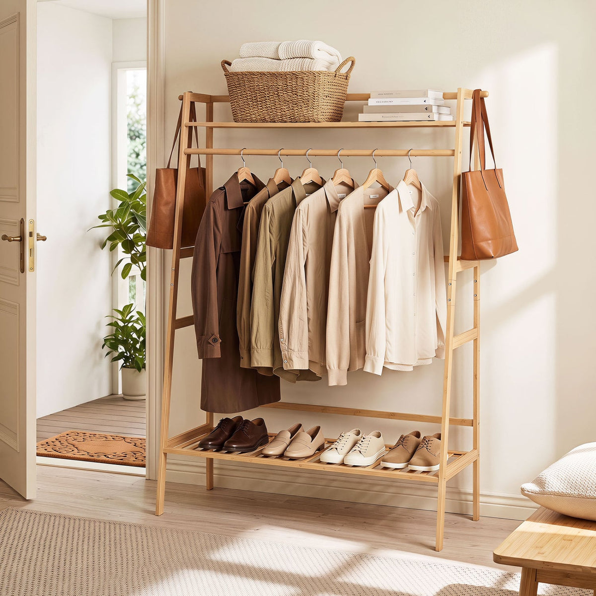 Bamboo Clothing Garment Rack Freestanding Open Wardrobe Organizer with Hanging Rod-Natural-Coat Racks & Hall Trees-DECOROLALA