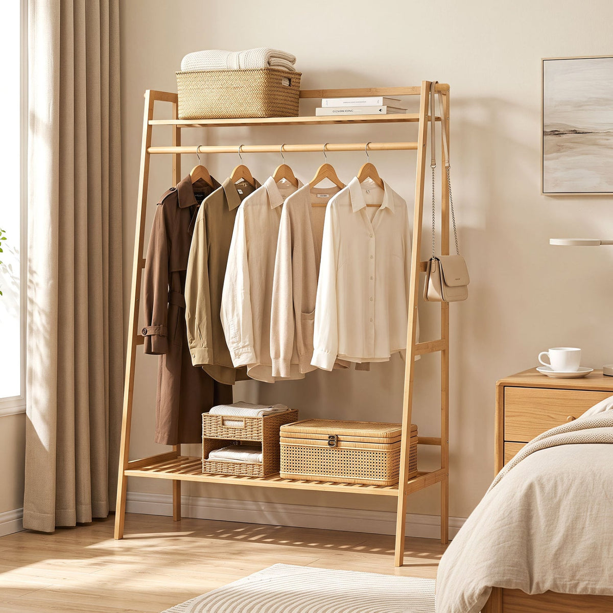 Bamboo Clothing Garment Rack Freestanding Open Wardrobe Organizer with Hanging Rod-Natural-Coat Racks & Hall Trees-DECOROLALA