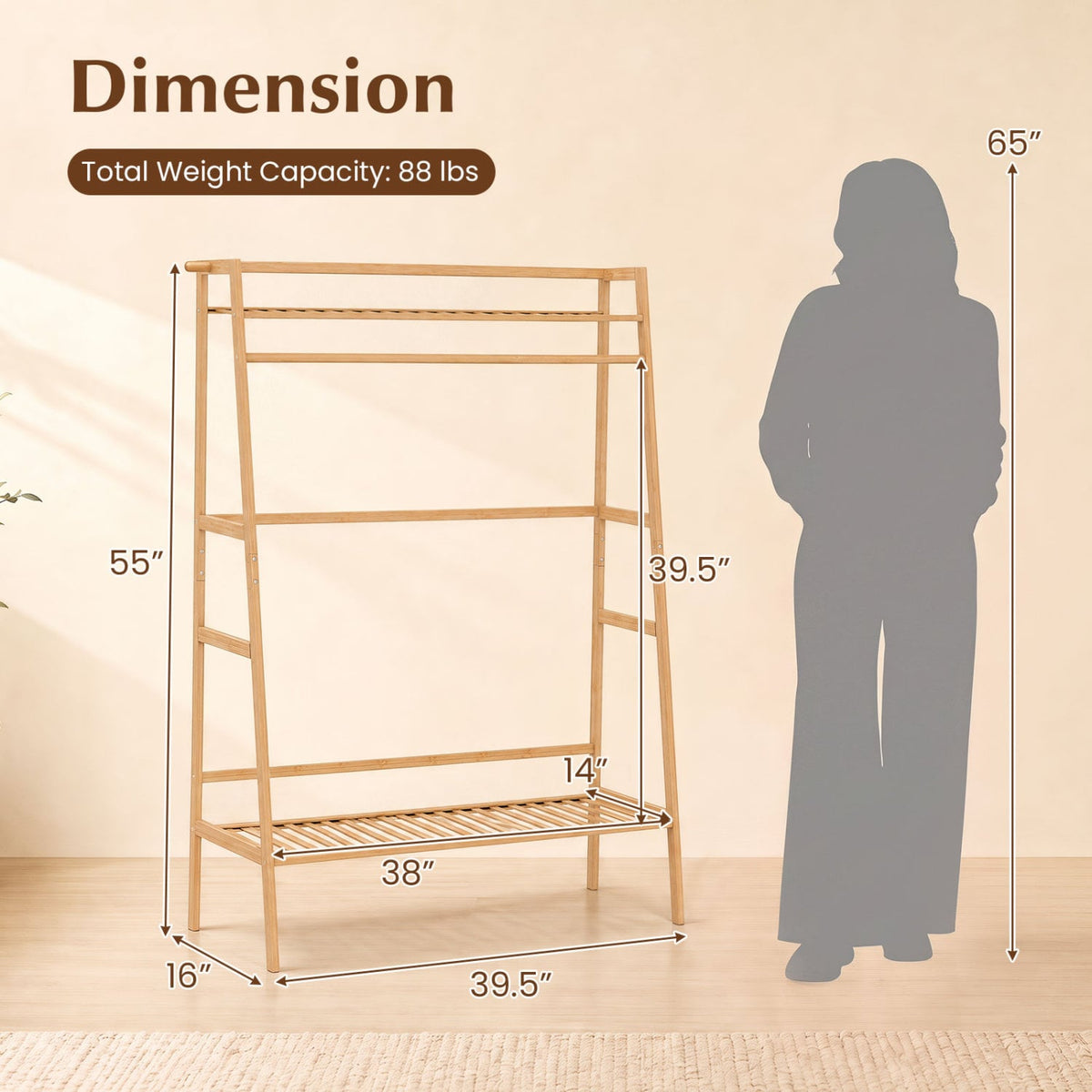 Bamboo Clothing Garment Rack Freestanding Open Wardrobe Organizer with Hanging Rod-Natural-Coat Racks & Hall Trees-DECOROLALA