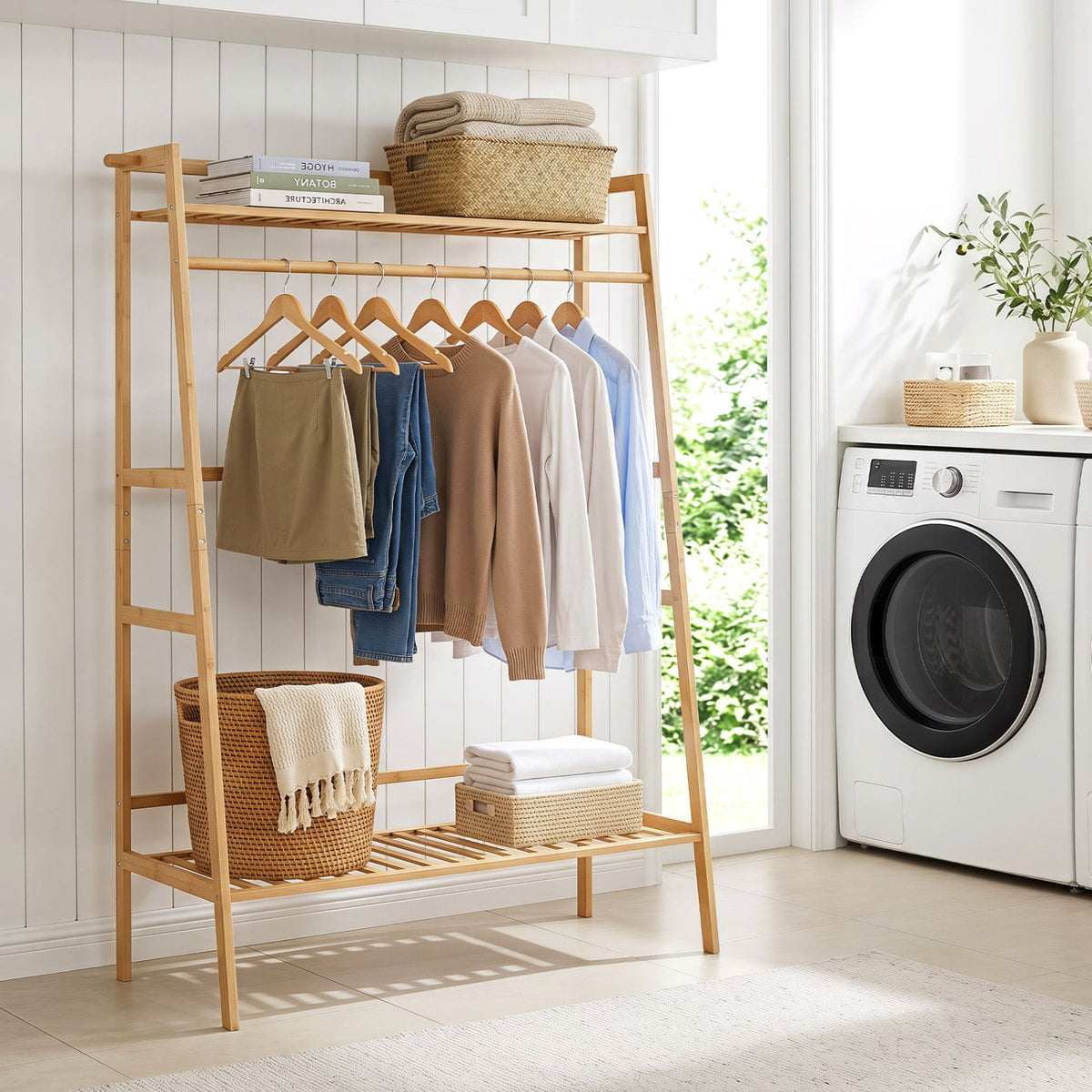 Bamboo Clothing Garment Rack Freestanding Open Wardrobe Organizer with Hanging Rod-Natural-Coat Racks & Hall Trees-DECOROLALA
