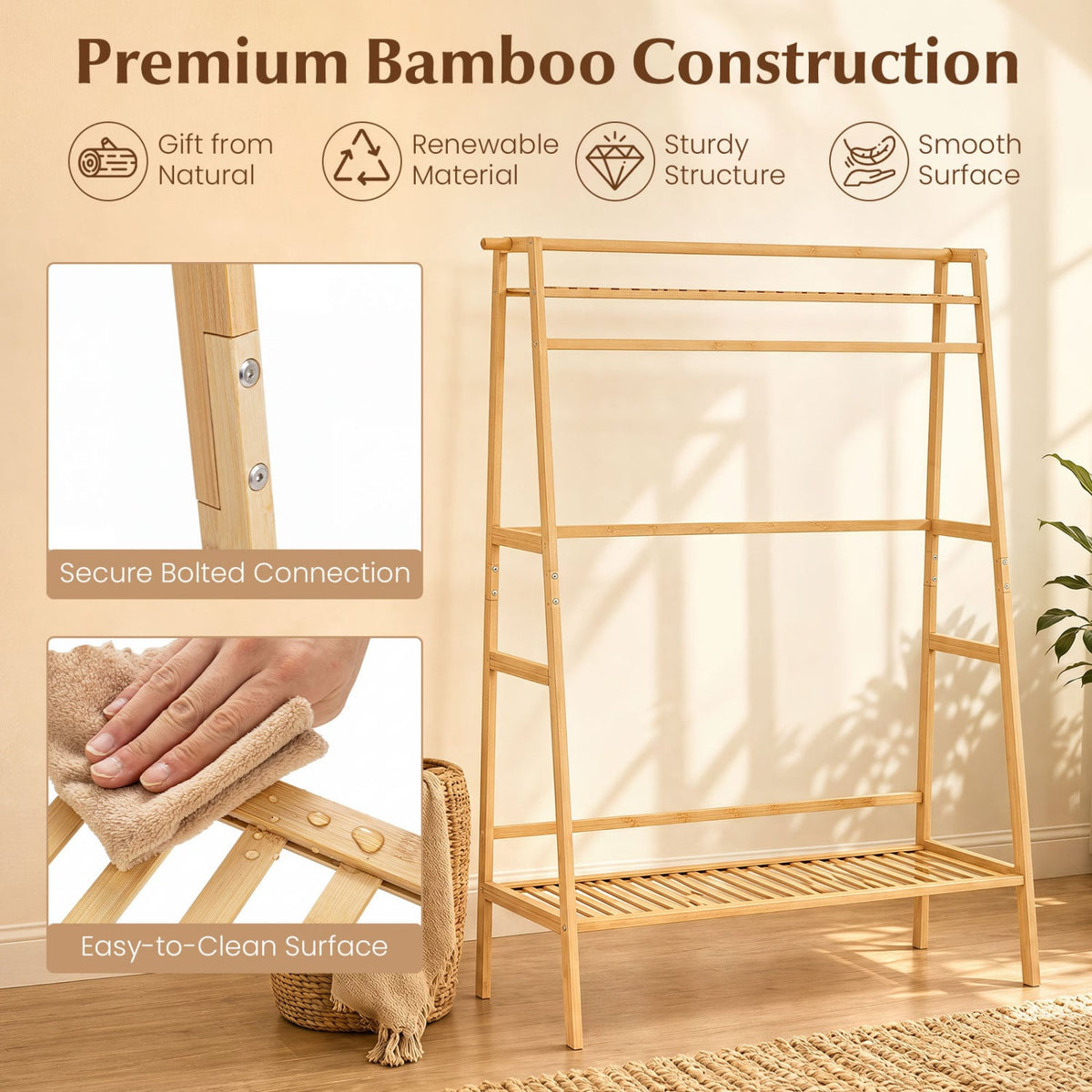 Bamboo Clothing Garment Rack Freestanding Open Wardrobe Organizer with Hanging Rod-Natural-Coat Racks & Hall Trees-DECOROLALA