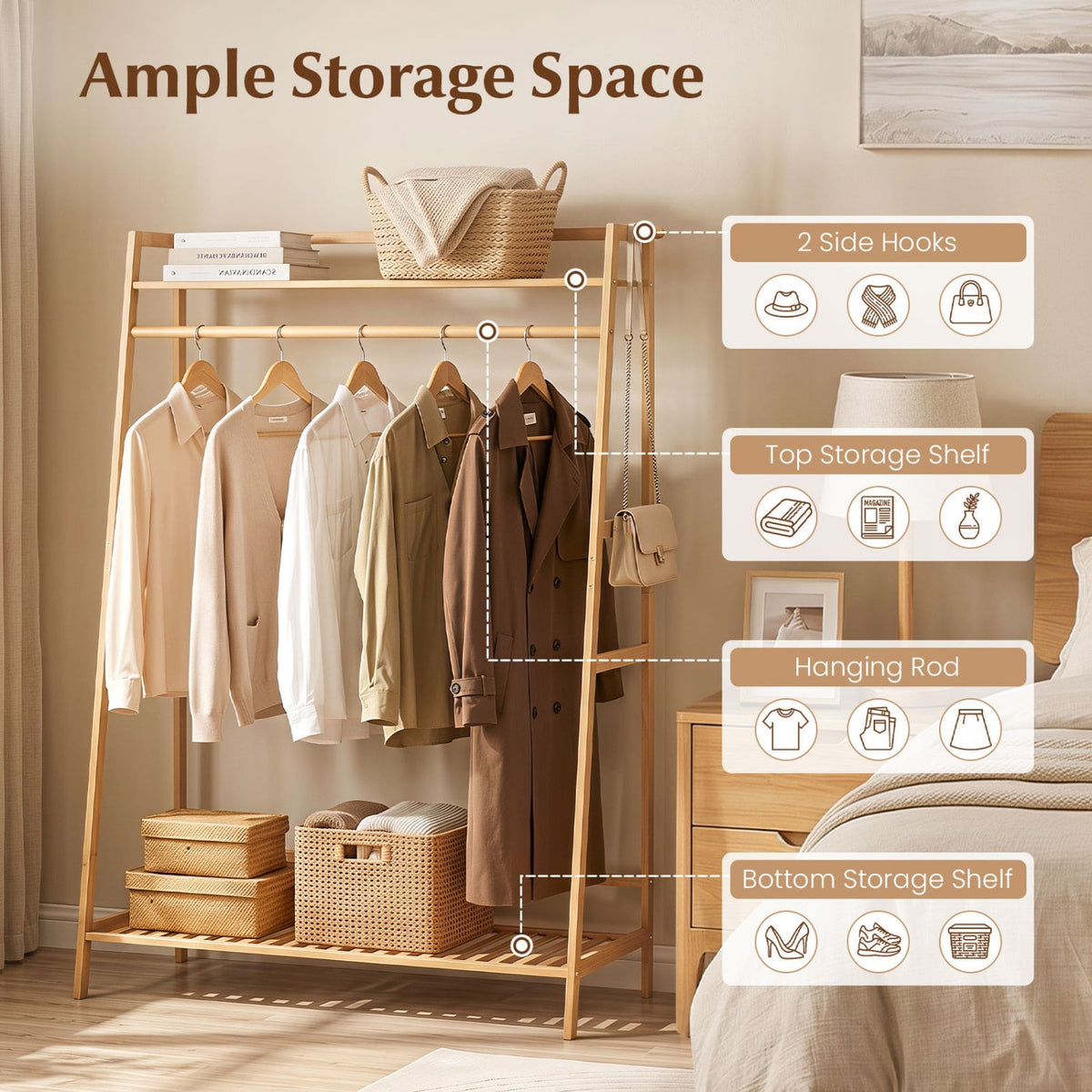Bamboo Clothing Garment Rack Freestanding Open Wardrobe Organizer with Hanging Rod-Natural-Coat Racks & Hall Trees-DECOROLALA