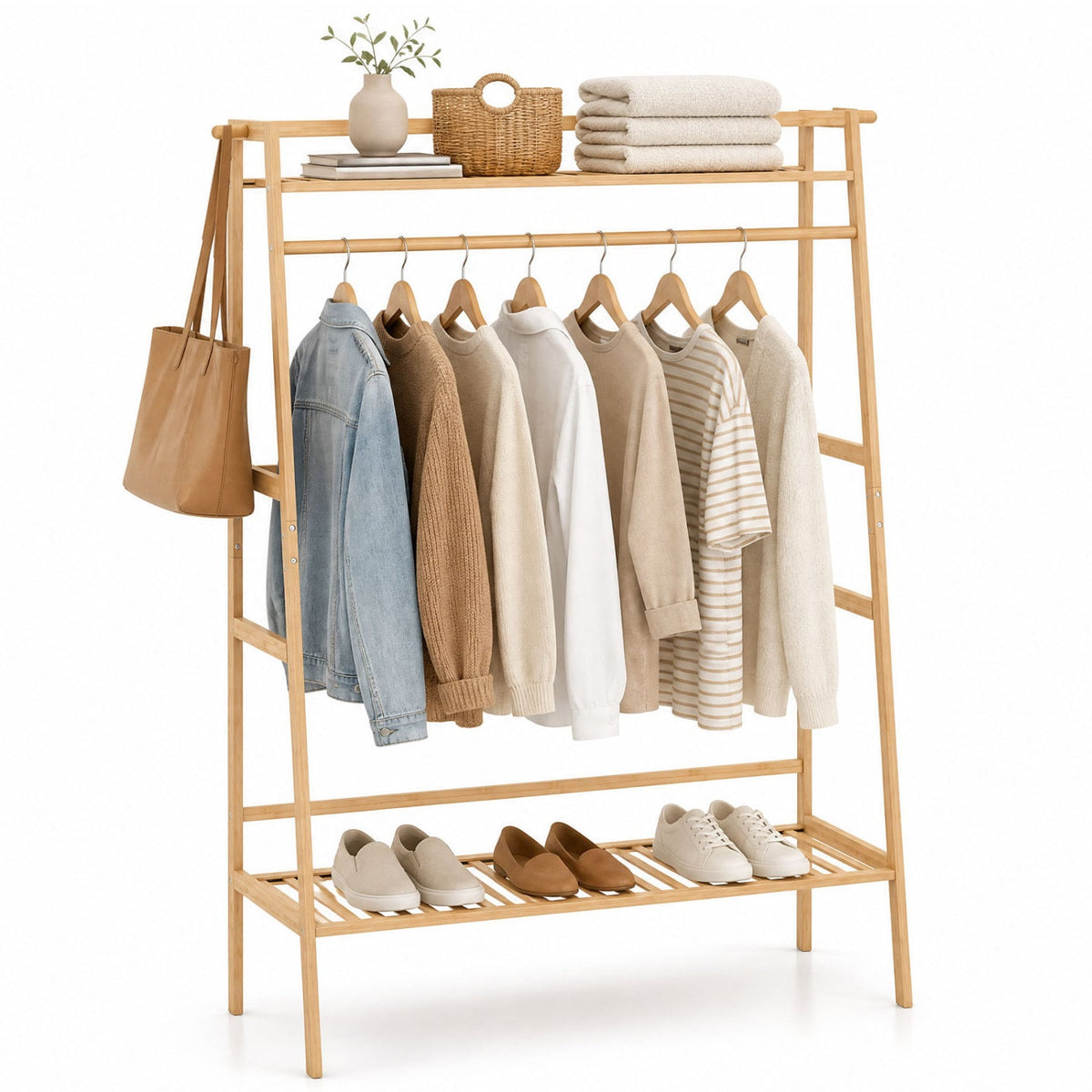 Bamboo Clothing Garment Rack Freestanding Open Wardrobe Organizer with Hanging Rod-Natural-Coat Racks & Hall Trees-DECOROLALA