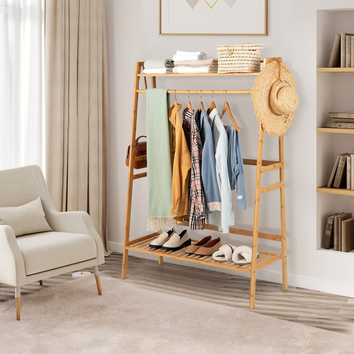 Bamboo Clothing Rack with Storage Shelves-Natural-Clothing & Closet Storage-DECOROLALA