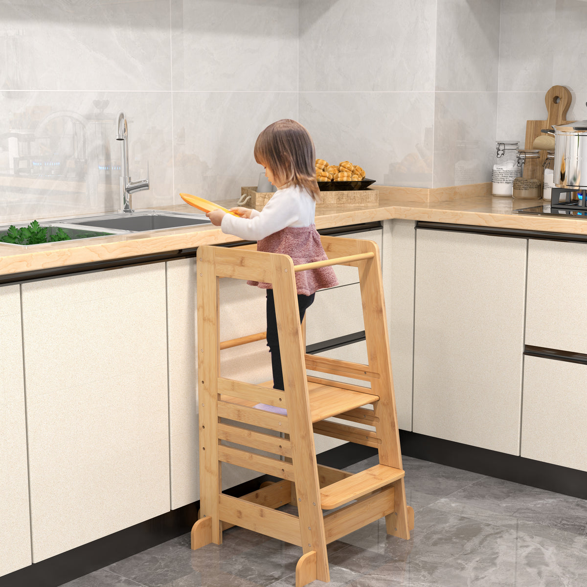 Bamboo Kids Kitchen Step Stool with Adjustable Height and Safety Rails-Natural-Toddler & Kids Furniture-DECOROLALA