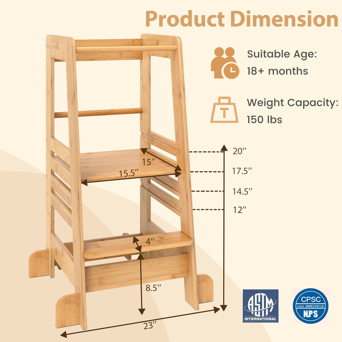 Bamboo Kids Kitchen Step Stool with Adjustable Height and Safety Rails-Natural-Toddler & Kids Furniture-DECOROLALA