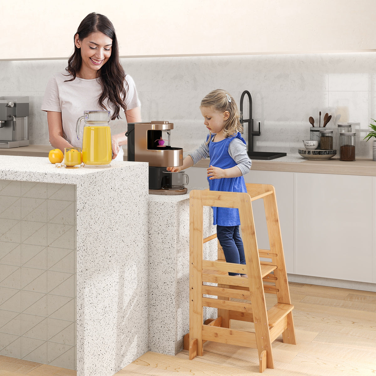 Bamboo Kids Kitchen Step Stool with Adjustable Height and Safety Rails-Natural-Toddler & Kids Furniture-DECOROLALA