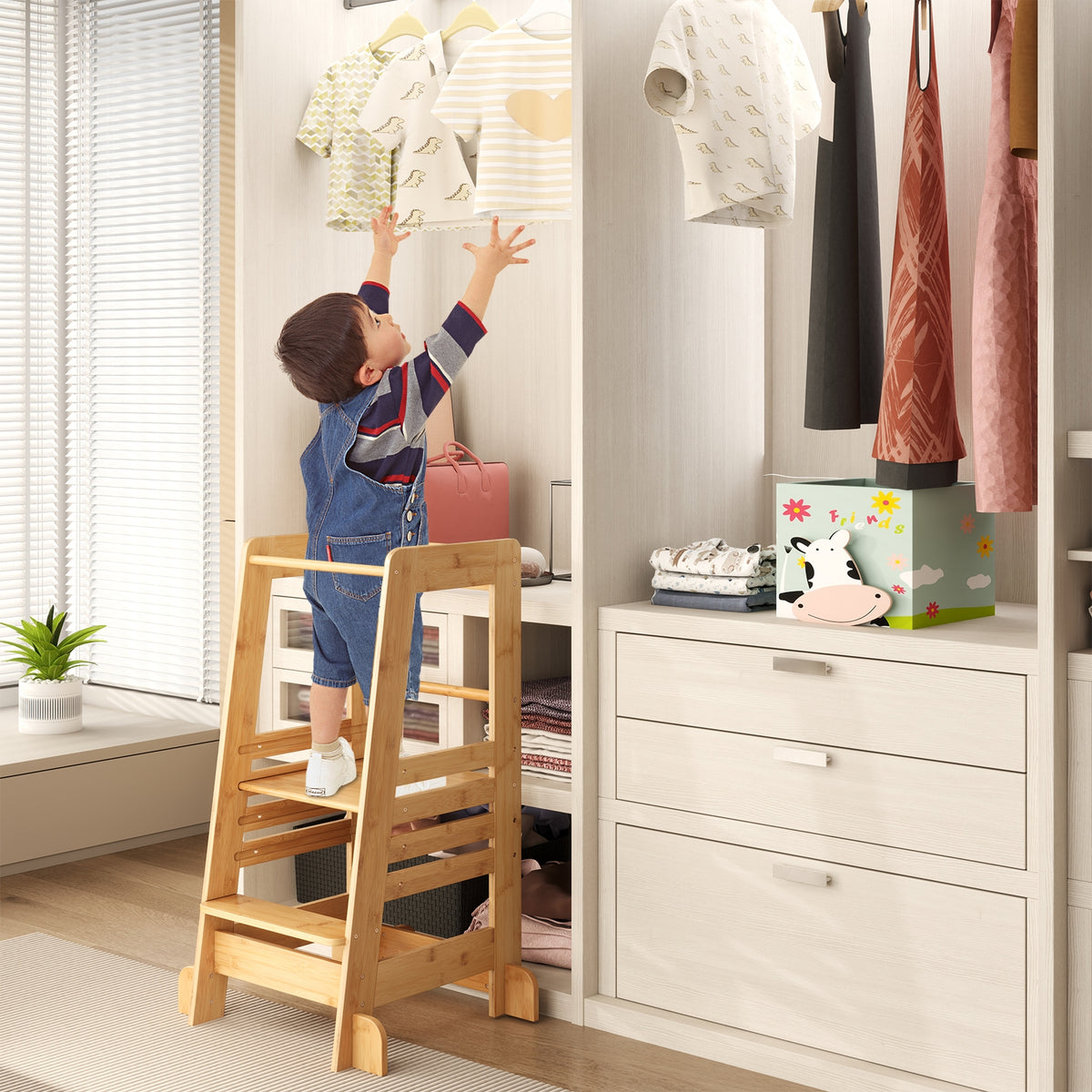 Bamboo Kids Kitchen Step Stool with Adjustable Height and Safety Rails-Natural-Toddler & Kids Furniture-DECOROLALA
