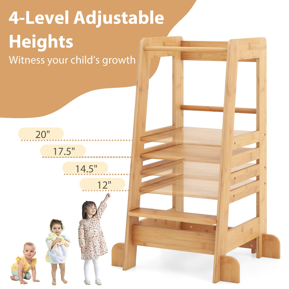 Bamboo Kids Kitchen Step Stool with Adjustable Height and Safety Rails-Natural-Toddler & Kids Furniture-DECOROLALA