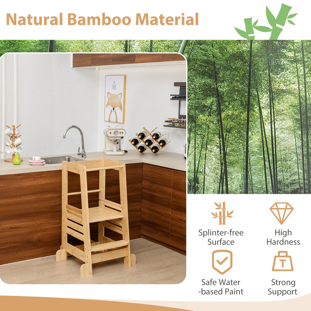 Bamboo Kids Kitchen Step Stool with Adjustable Height and Safety Rails-Natural-Toddler & Kids Furniture-DECOROLALA