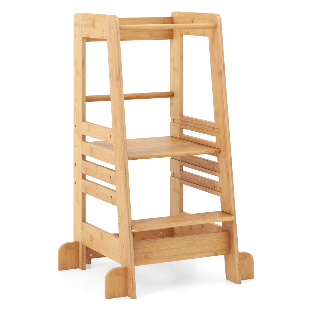 Bamboo Kids Kitchen Step Stool with Adjustable Height and Safety Rails-Natural-Toddler & Kids Furniture-DECOROLALA