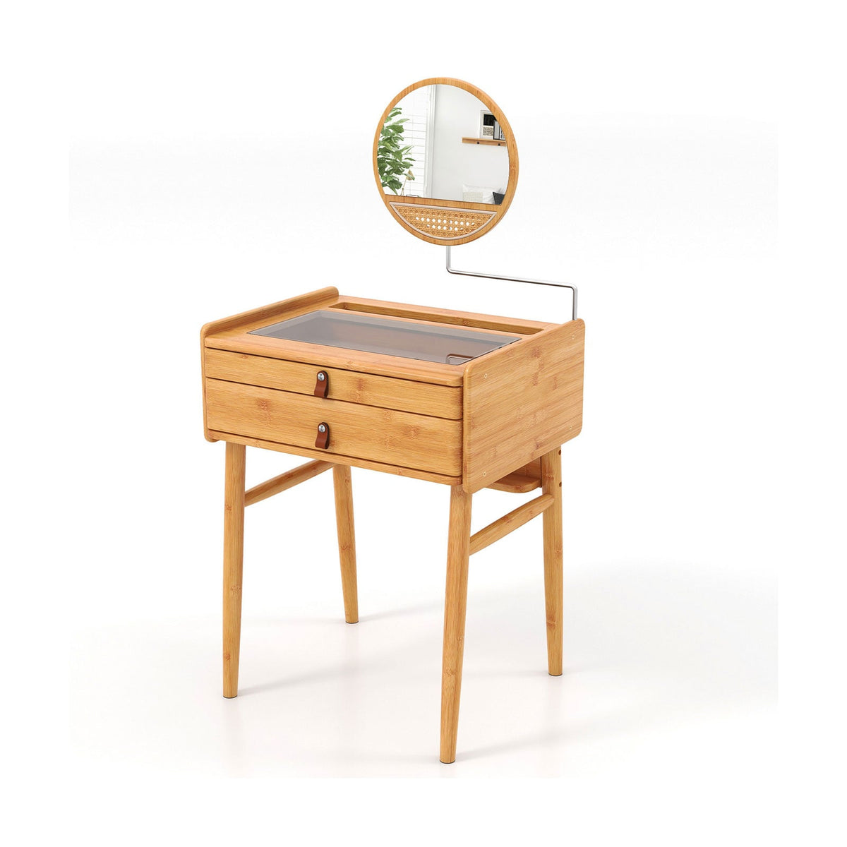 Bamboo Makeup Vanity Table with Mirror, 2 Drawers - Natural 23.5"-Makeup Vanities-DECOROLALA