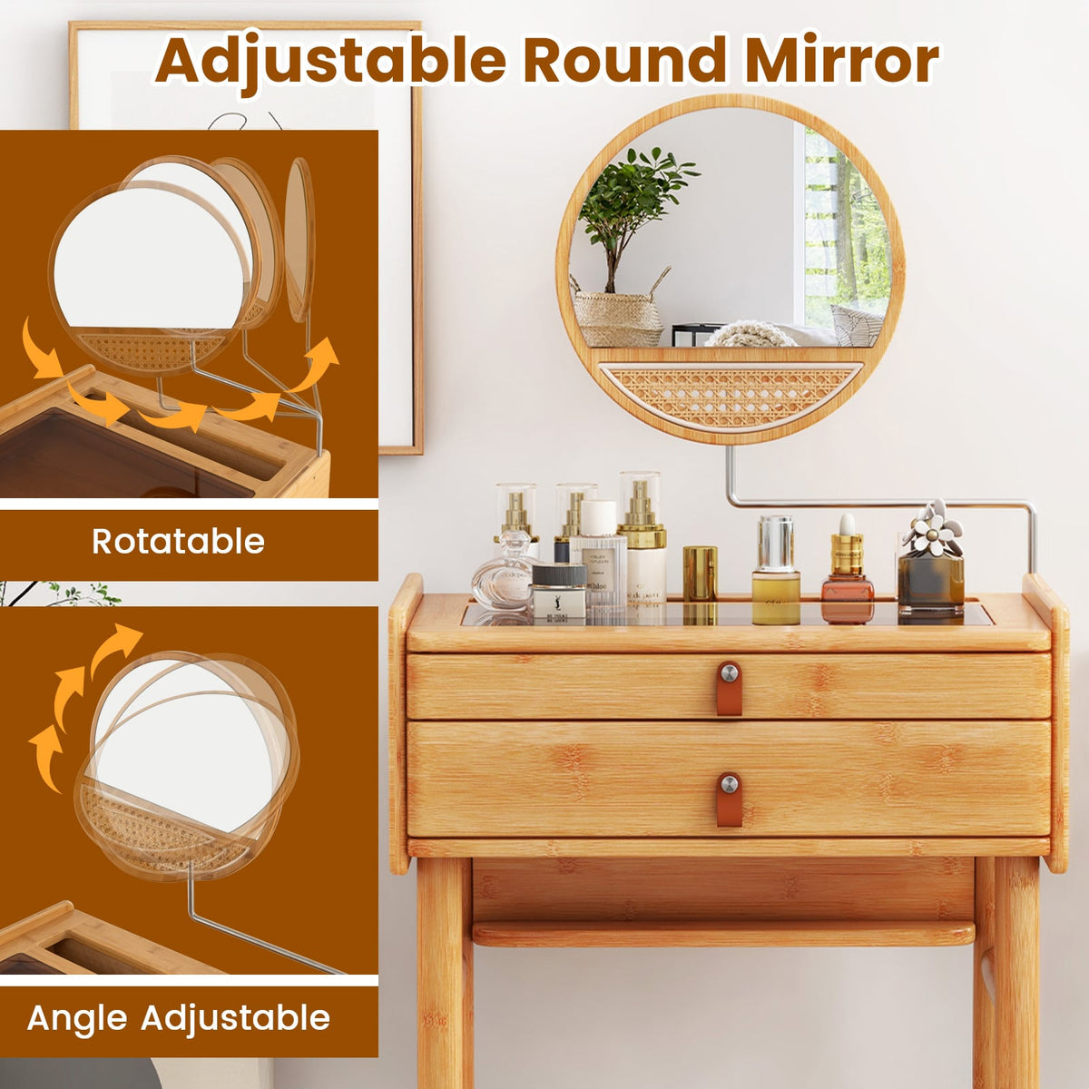 Bamboo Makeup Vanity Table with Mirror with 2 Storage Drawers-Natural-Makeup Vanities-DECOROLALA
