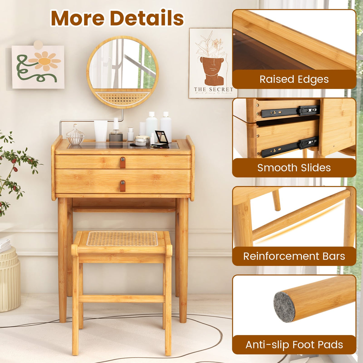 Bamboo Makeup Vanity Table with Mirror with 2 Storage Drawers-Natural-Makeup Vanities-DECOROLALA