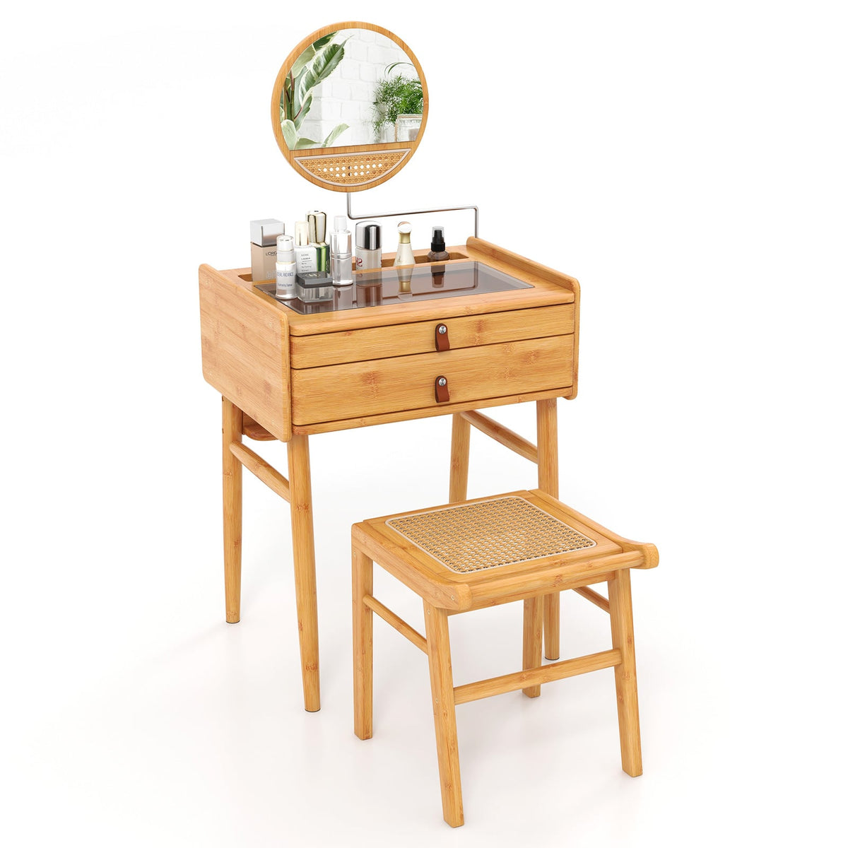 Bamboo Makeup Vanity Table with Stool and Rotating Mirror-Makeup Vanities-DECOROLALA