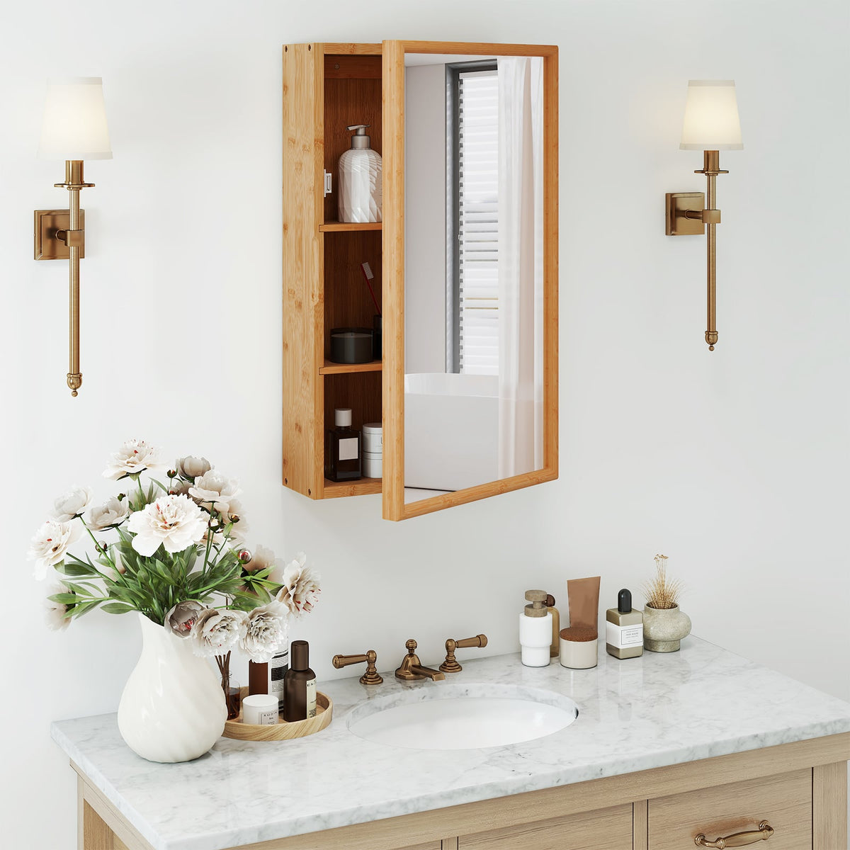Bamboo Medicine Cabinet with Mirror Door - Natural 14" x 24"-Wall Cabinets-DECOROLALA