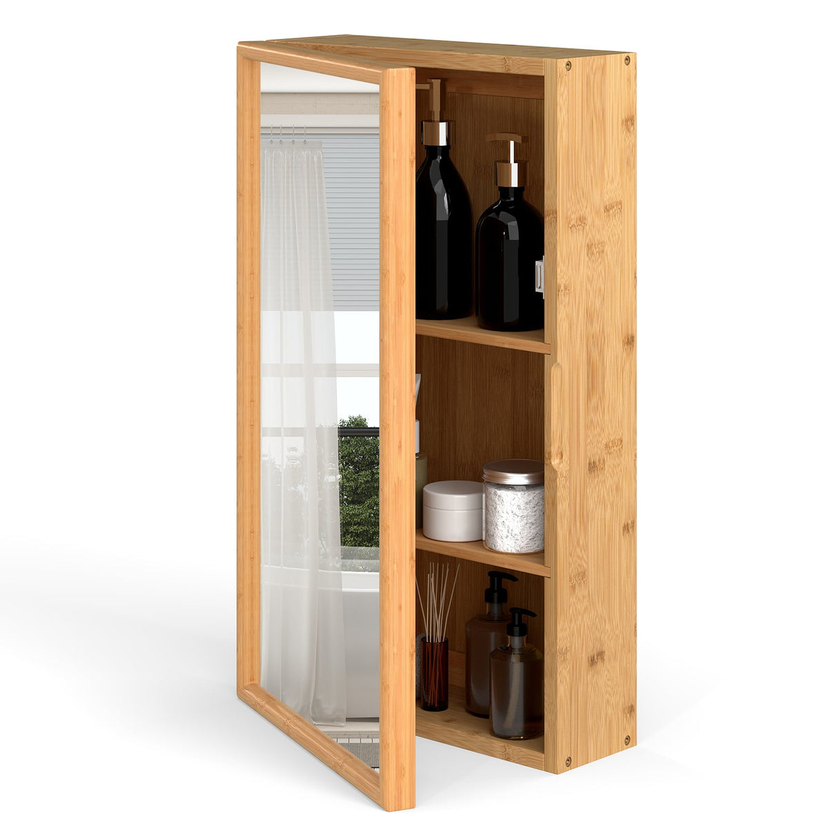 Bamboo Medicine Cabinet with Mirror Door - Natural 14" x 24"-Wall Cabinets-DECOROLALA