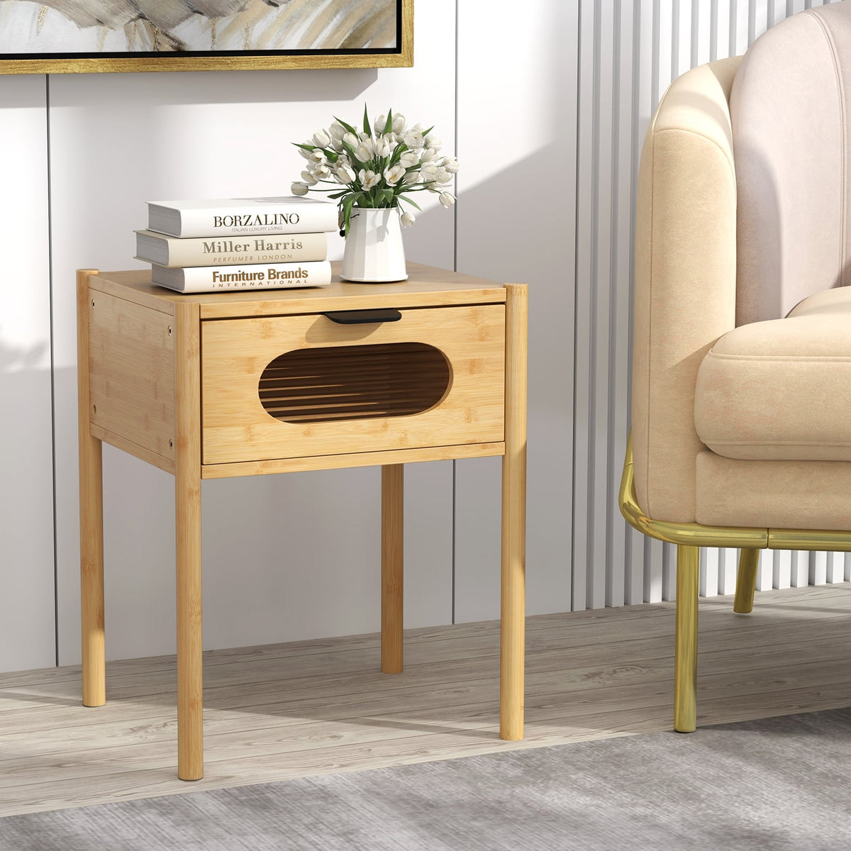 Bamboo Nightstand Square Tall End Table with Decorated Drawer-Natural-Nightstands-DECOROLALA