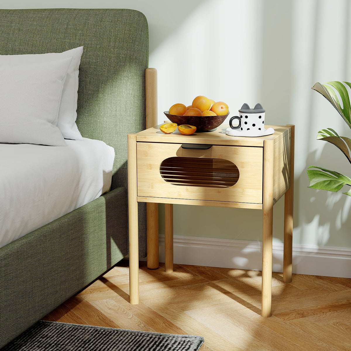 Bamboo Nightstand Square Tall End Table with Decorated Drawer-Natural-Nightstands-DECOROLALA