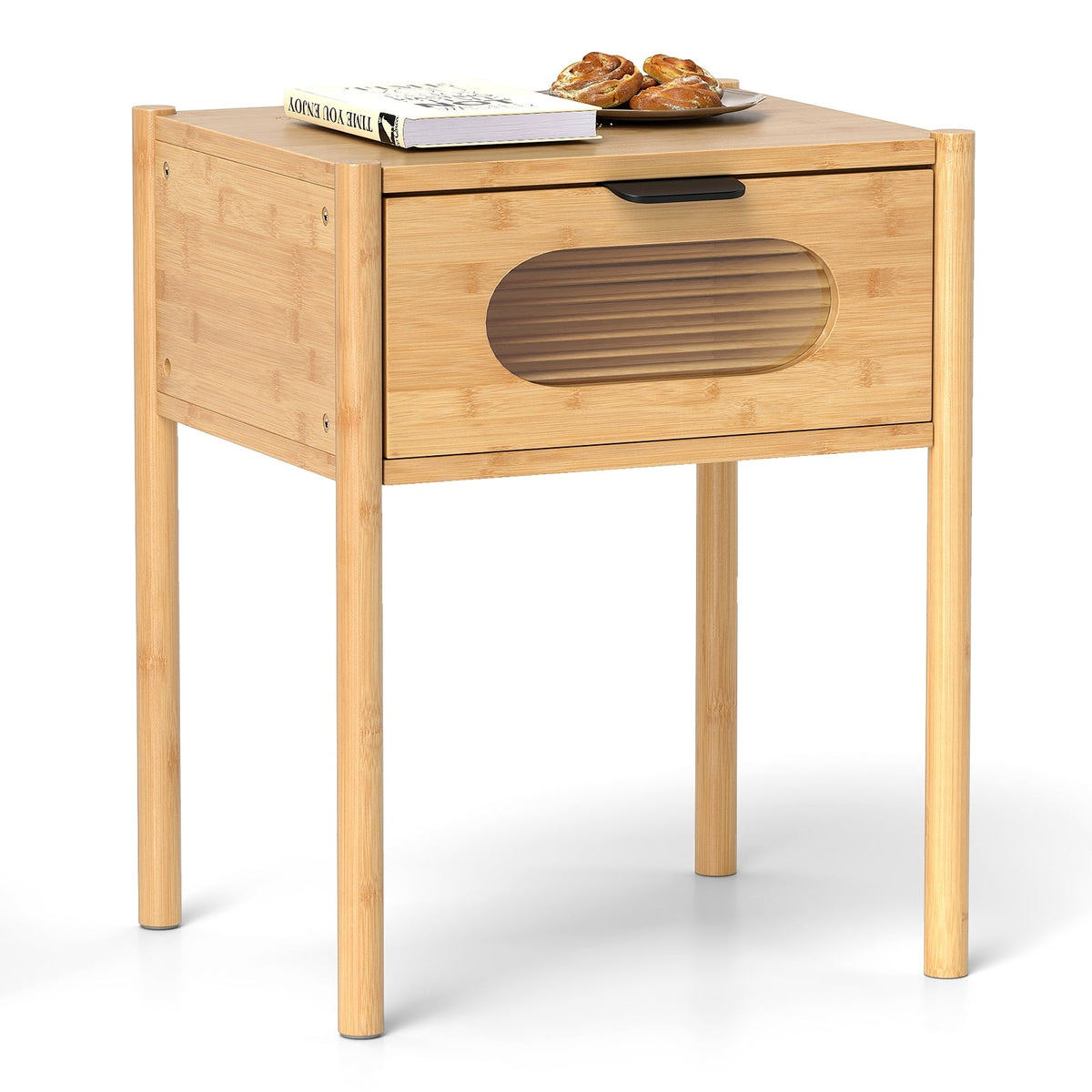 Bamboo Nightstand Square Tall End Table with Decorated Drawer-Natural-Nightstands-DECOROLALA