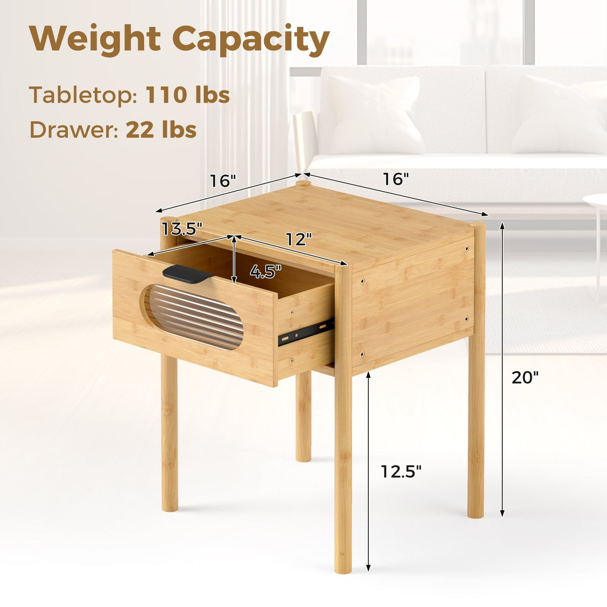 Bamboo Nightstand Square Tall End Table with Decorated Drawer-Natural-Nightstands-DECOROLALA