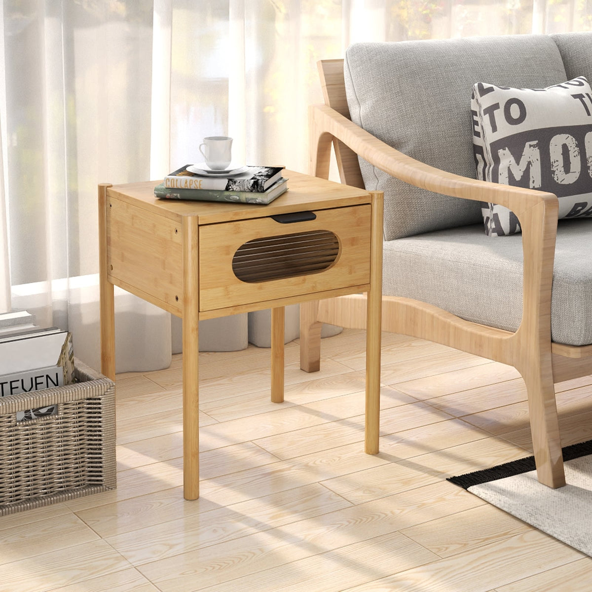 Bamboo Nightstand Square Tall End Table with Decorated Drawer-Natural-Nightstands-DECOROLALA