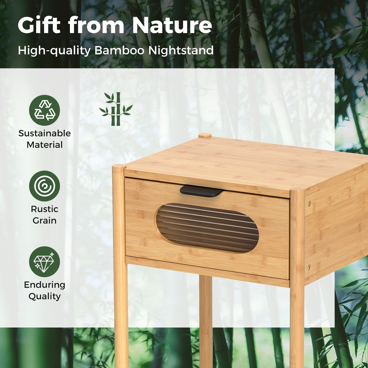 Bamboo Nightstand Square Tall End Table with Decorated Drawer-Natural-Nightstands-DECOROLALA