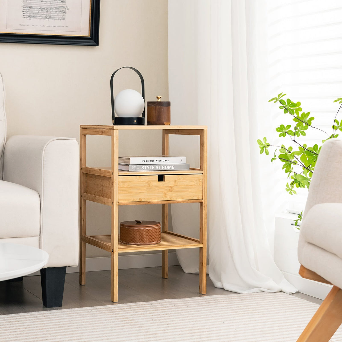 Bamboo Nightstand with Storage Drawer and Slatted Shelf-1 Piece-Nightstands-DECOROLALA