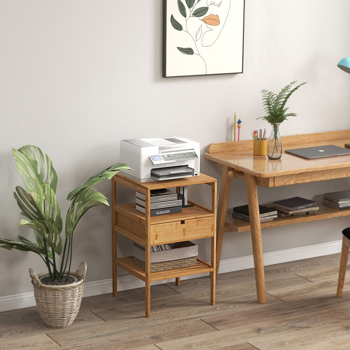 Bamboo Nightstand with Storage Drawer and Slatted Shelf-1 Piece-Nightstands-DECOROLALA