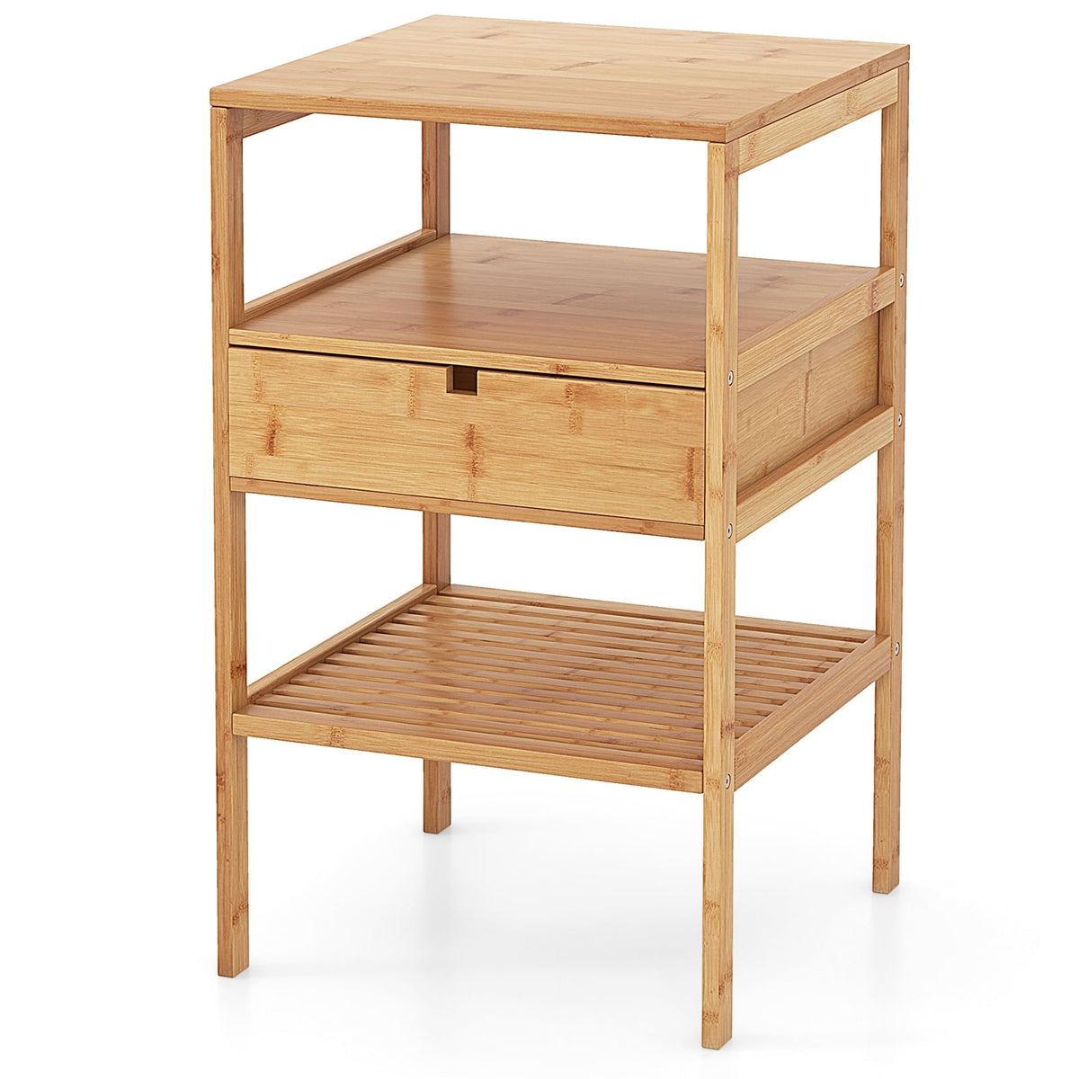 Bamboo Nightstand with Storage Drawer and Slatted Shelf-1 Piece-Nightstands-DECOROLALA