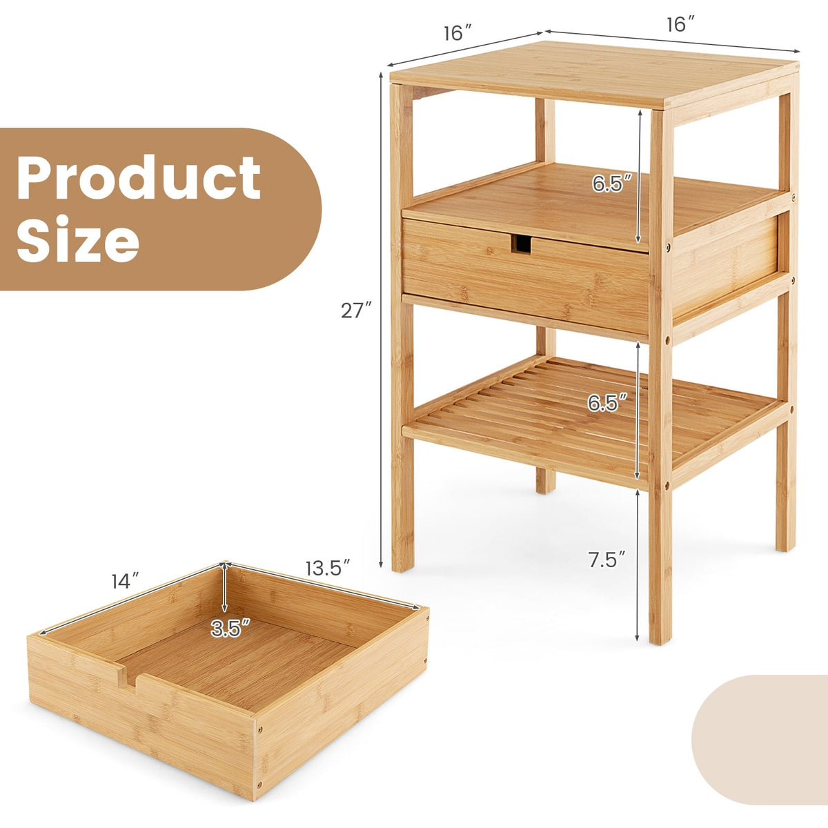 Bamboo Nightstand with Storage Drawer and Slatted Shelf-1 Piece-Nightstands-DECOROLALA