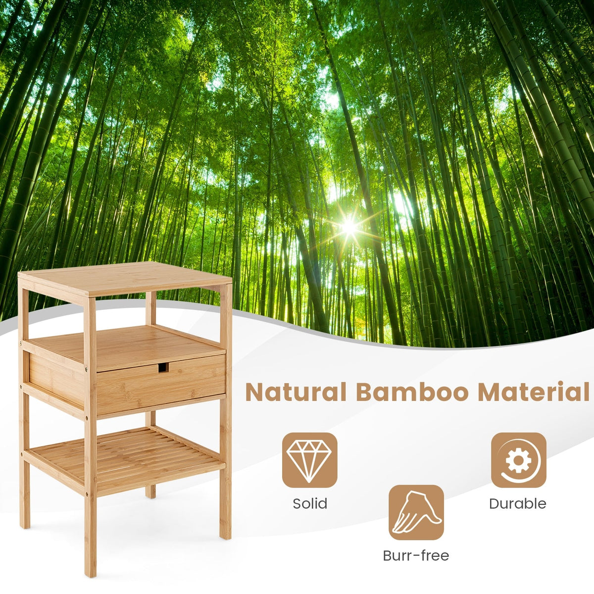 Bamboo Nightstand with Storage Drawer and Slatted Shelf-1 Piece-Nightstands-DECOROLALA