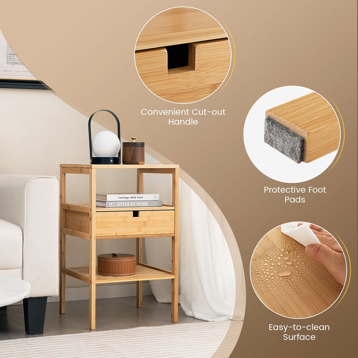 Bamboo Nightstand with Storage Drawer and Slatted Shelf-1 Piece-Nightstands-DECOROLALA