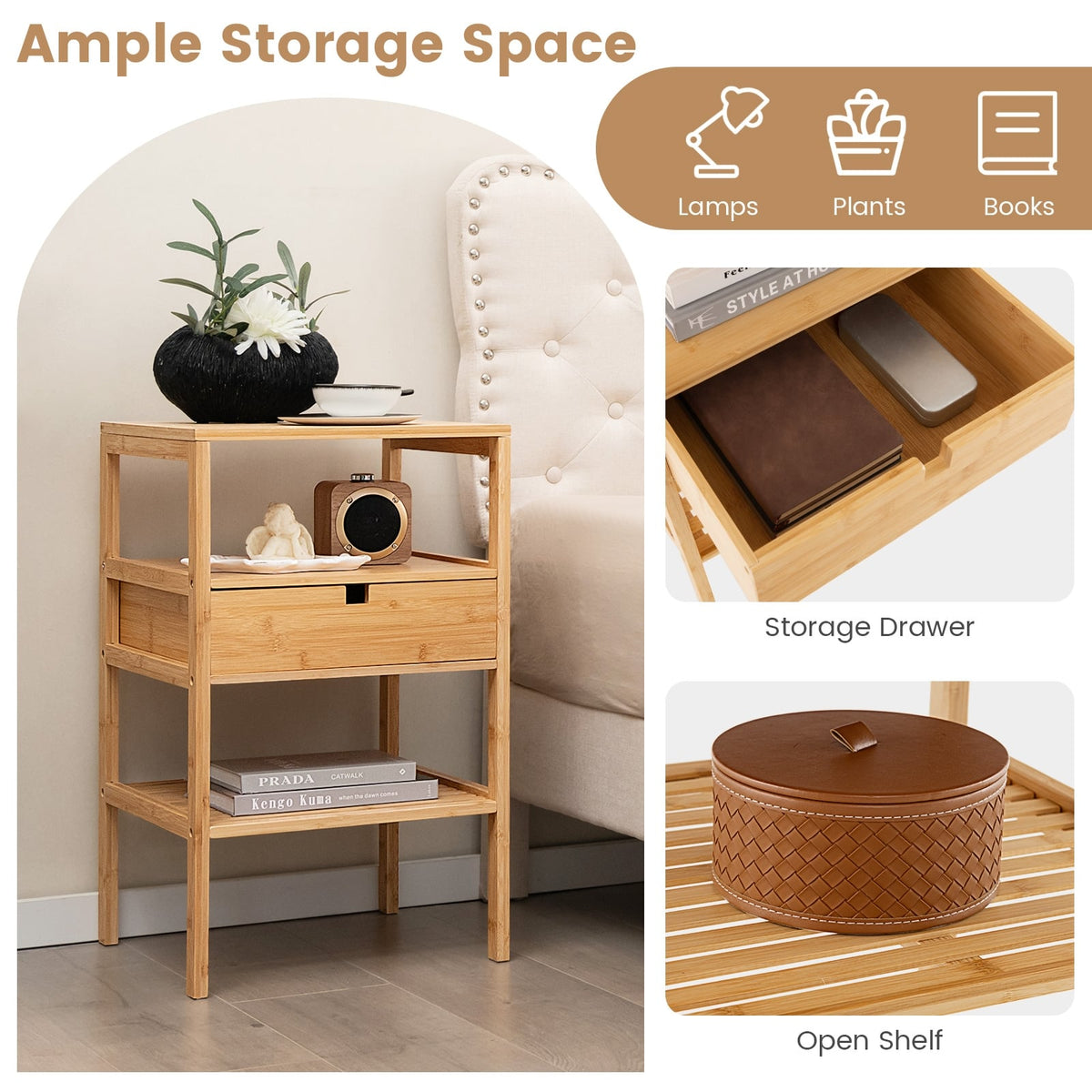 Bamboo Nightstand with Storage Drawer and Slatted Shelf-1 Piece-Nightstands-DECOROLALA