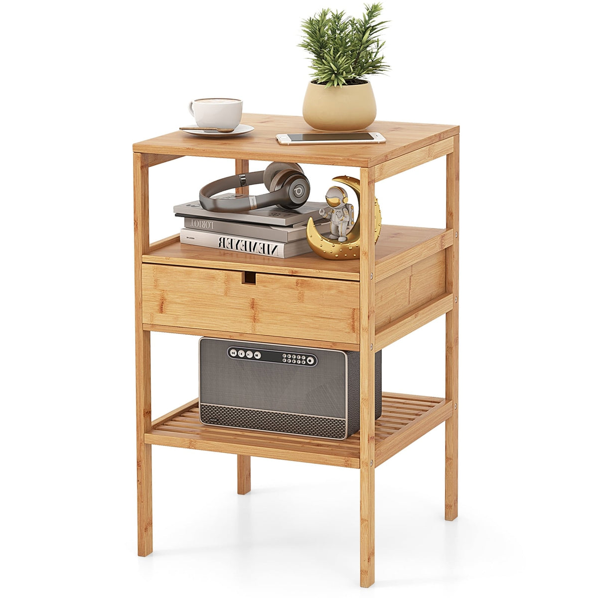 Bamboo Nightstand with Storage Drawer and Slatted Shelf-1 Piece-Nightstands-DECOROLALA